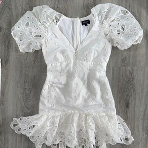 Bardot White Eyelet Puff-Sleeve Mini Dress with Flounced Hem